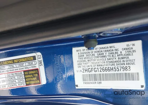 2006 Honda Civic Lx из США, поврежденный, VIN 2HGFG12666H557983